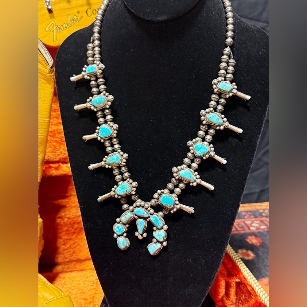 Vintage Squash Blossom Sterling Silver turquoise necklace